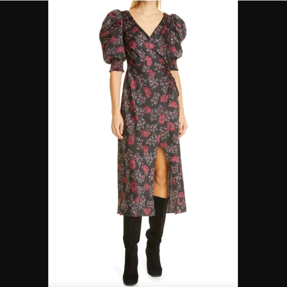 CINQ A SEPT Black Raspberry Floral puff sleeve Daisy Kacy Dress